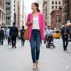 Sara Isabella 100% Linen Open Blazer Sz M Hot Pink 3/4 Sleeve RollTab Office 80s